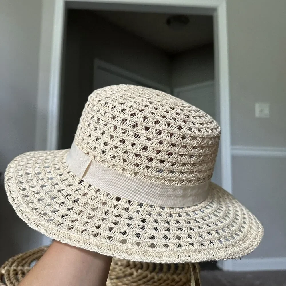 Free People Beige Crochet Woven Straw Sun Hat One Size Summer Beach